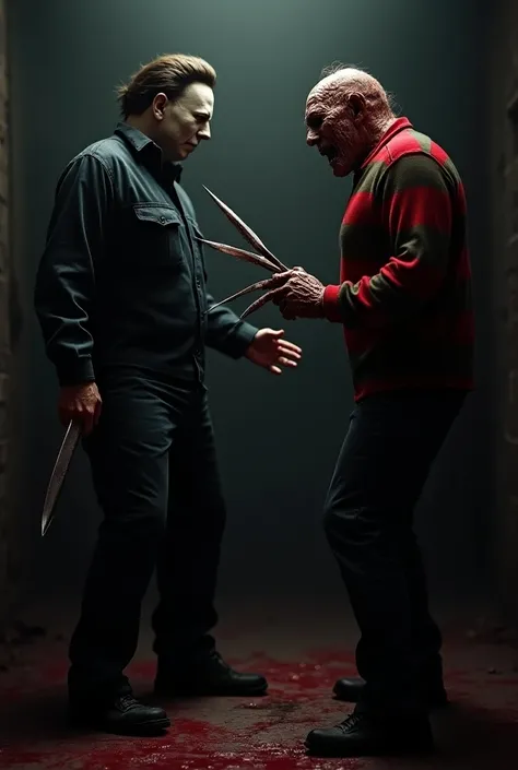 I want you to create an image with two characters one character is Michael Myers and the other is Freddy Krueger I want this image as if they were meeting and assaulting each other