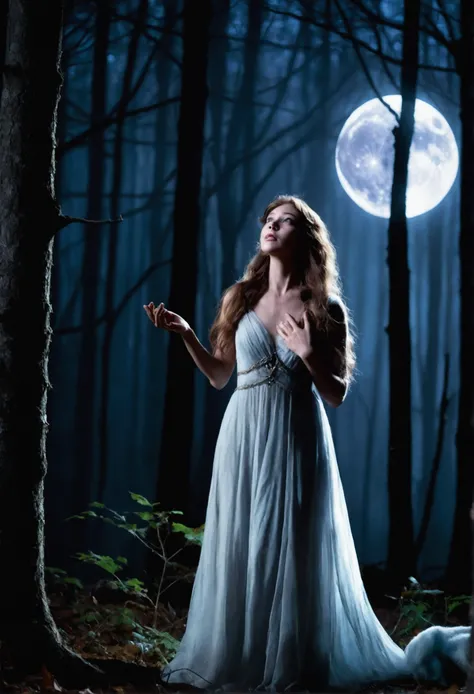 A beautiful woman in an ethereal dress, standing under the full moon in a dark, eerie forest. Her expression shifts between pain and exhilaration as her body morphs: her hands elongate into clawed, furry paws, and her face begins to stretch into a wolf’s s...