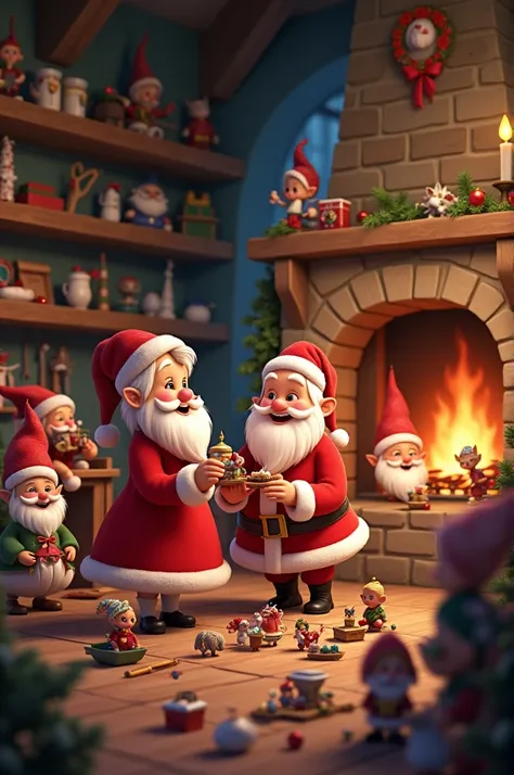  Create an image of Mrs. Claus and Santa Claus in the toy workshop,  are with their gnomes making toys ,  like little tin soldiers , teddy bears ,  rag dolls . all look happy , The image must be animated 