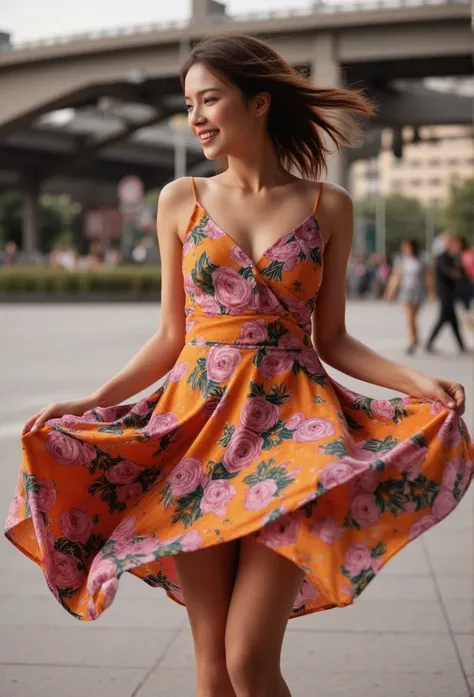 A dynamic scene capturing a woman mid-dance, her vibrant dress swirling around her. Soft side lighting accentuates the movement, with a blurred background suggesting an energetic urban setting. The image conveys a sense of joy and freedom, showcasing the p...