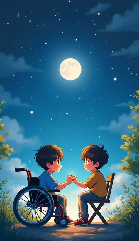 Two boys, one sitting in a wheelchair, the other sitting in a wooden chair holding hands having dinner together on a full moon night sky stars anime