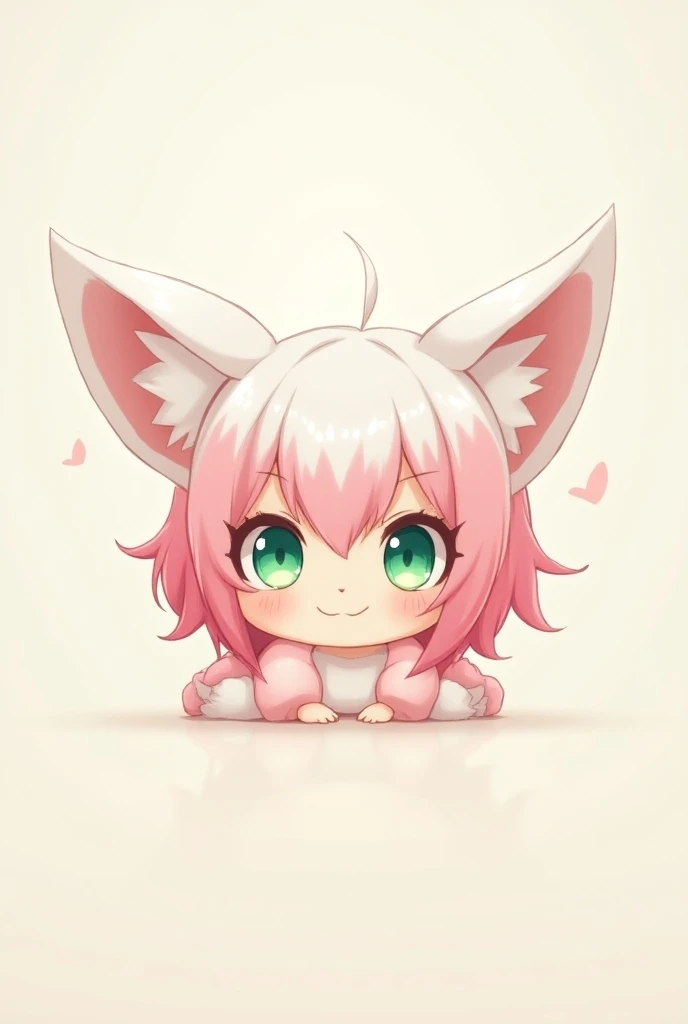   Very small anime with half pink half white hair with green eyes , smiling in a cute way  , with fox ears 