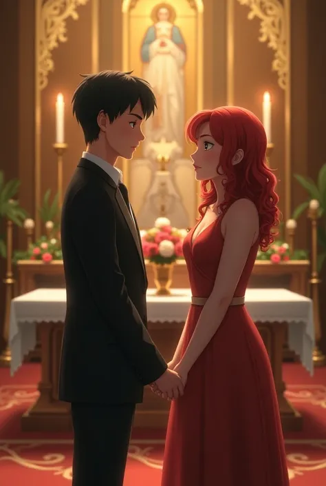  a dark-haired man , white and thin skin with a slightly fat red-haired woman ,  both of the same height and who are at the altar getting married.
