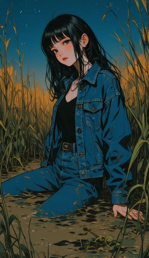 woman, top and denim jacket and skinny flared levis muddy jeans ,drowning in mud bog, green brown reeds, duckweed, night, stars sky, red lips, bang-cut, close-up, side view, surreal, 