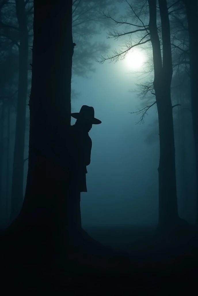 A shadow in a dark forest ,  is a dark, shadow-like silhouette with a wide-brimmed hat sneaking out of a tree.  The fog surrounds the entire image with rays of full moon light passing through the trees