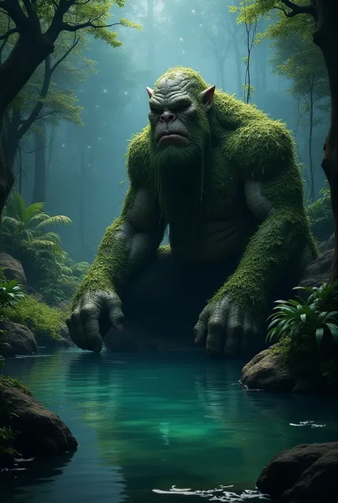 A giant man looking like a troll with rough skin as bark covers in moss and vines.. Sitting beside a pool. Pool is a natural pool made in a lush green rain forest.. Time is night time. Sky is coverd with stars