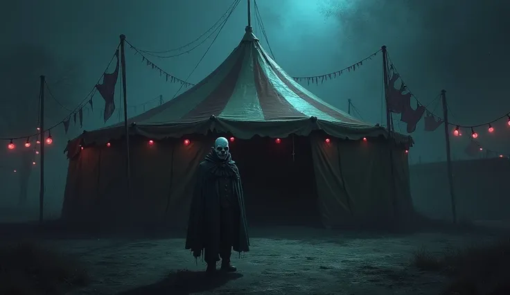  A gloomy and dilapidated circus tent in the middle of an abandoned fair, under a thick night haze .  A dark clown with a diffuse face is seen near the entrance ,  his mouth in a crooked smile and his dark eyes .  The flickering lights in red and blue cast...