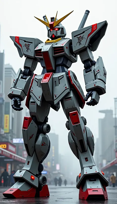 A towering, sleek giant robot inspired by Gundam, featuring red, white, and black accents, standing majestically in a futuristic Tokyo landscape. The robot has a samurai-inspired armor design with katana-like weaponry, with bright red highlights and detail...