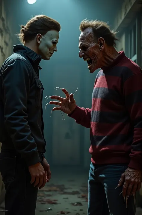 I want you to create an image with two horror movie characters, the character Michael Myers and the other one is Freddy Krueger, this image I want Freddy Krueger to be getting a lot out of Maicon Maia