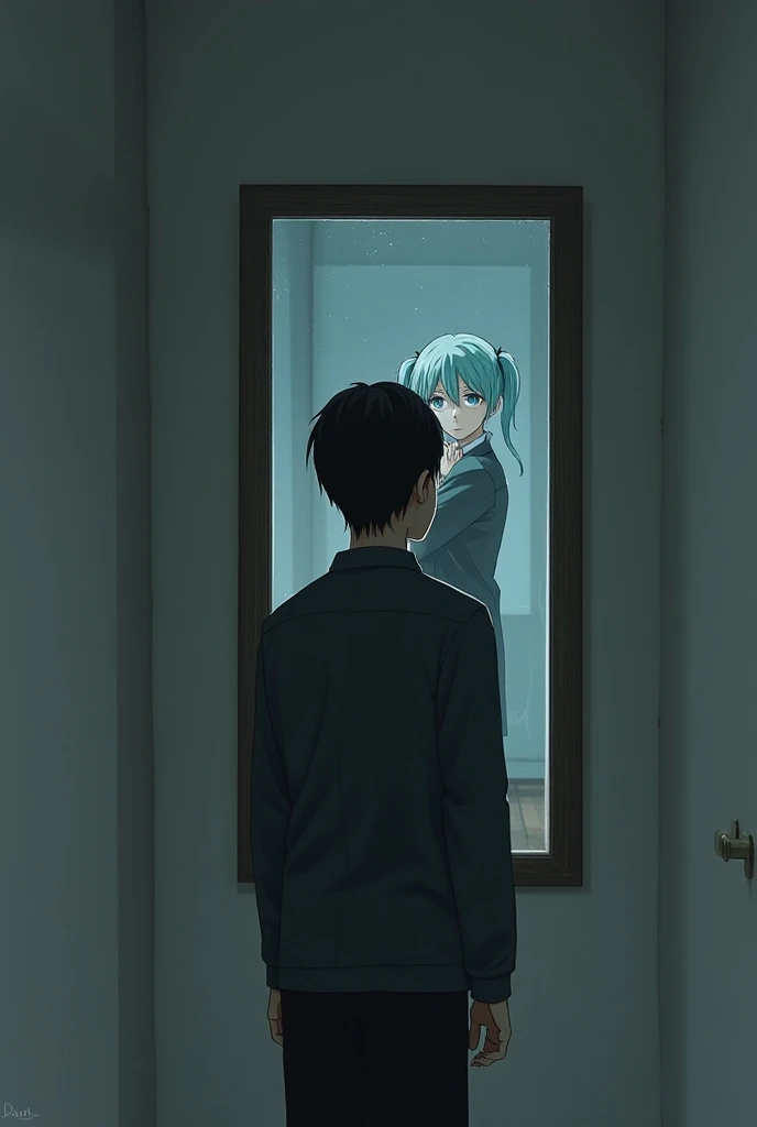 A guy with brown eyes and black hair  , stands with his back to the mirror,  in the mirror you can see Hatsune Miku hugging a guy,