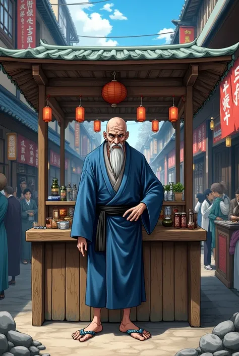 Make an image of a booth from the anime Jojo Bizarre Adventure of a skinny old man wearing a blue kimono with a black band around his waist