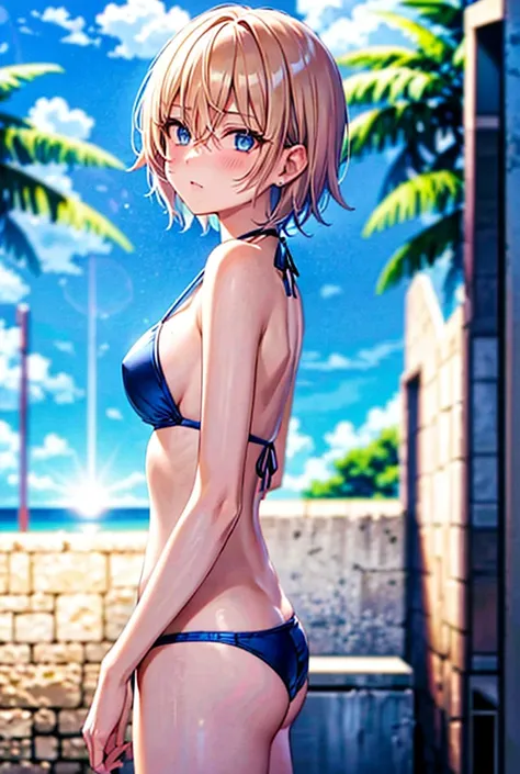  shortcut ,  blue eyes,Blonde,  bangs between eyes,  small breasts, metallic blue micro bikini,Short Hair, T-back ,  high resolution on down,anime, Blushing , 