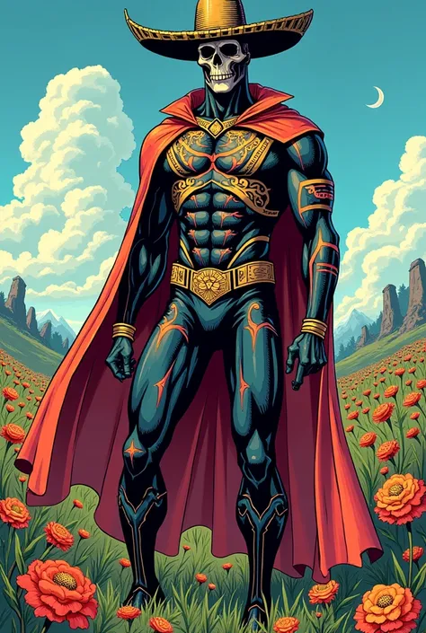  In comic serious style ,  all appearance ,  standing in a flower field ,  superhero El Espectro de Obsidiana , is tall ,  slender but muscular ,  His skin mashade of dark obsidian ,  has a colorful jumpsuit in the style of Dia de los morts ,  On his head ...