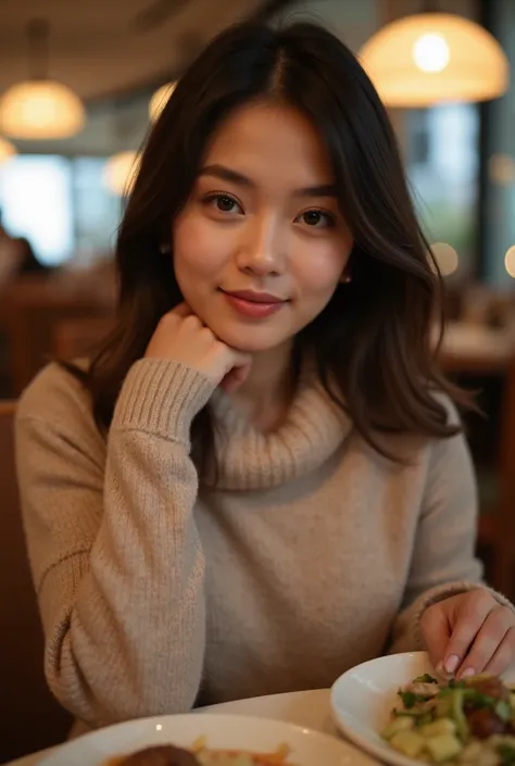 Asian woman, at a restaurant, very pretty and hot, wearing sweater, staring, smiling, zoomed out, front of a table, in a POV camera angle 