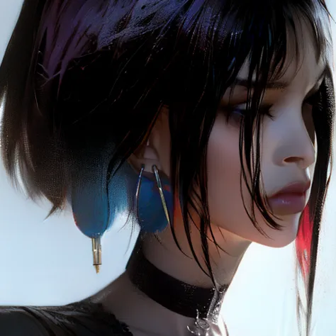 photorealistic portrait of stunning oriental goth woman, long multicoloured hair, platinum with blue and red, bangs, lips parted...