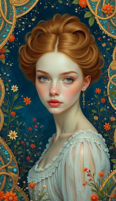 Art by Van Gogh, Craola, Andy Kehoe , a gorgeous pale faced woman
,  Sakimichan, Jeremy Mann, Louis Icart, Makoto Kobayashi. ornaments and mosaic,,vibrant colors,