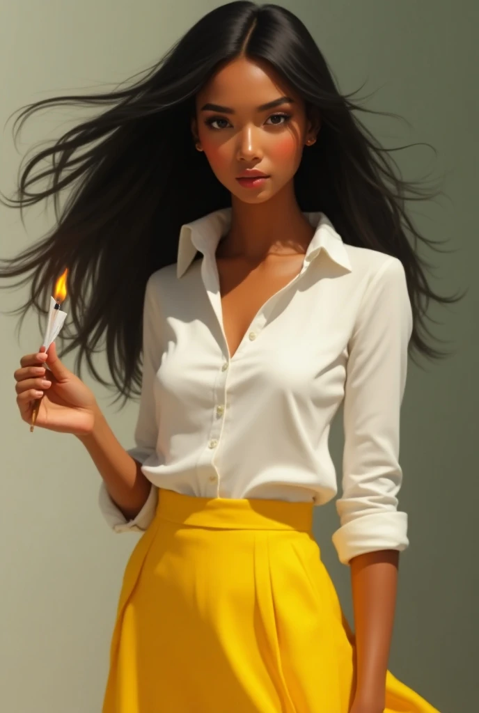  A Brazilian woman, brown-skinned and black-haired ,  wearing a white blouse and a yellow skirt .  In one hand holding a cigarette in the other hand holding a white handkerchief.