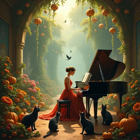 A lady in a large magical room magically lit environment, surrounded by cats on all sides listening to her play the piano in a very flowery backyard full of plants and birds AND LOTS OF PUMPKIN PLANTS