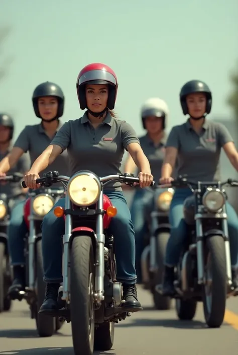 pixar-like photo ,  of a group of 6 people on their motorcycles ,  2 thin men with short hair and 4 women all wearing motorcycle helmets ,  wearing dark gray polo shirts ,  with classic dark blue straight jeans and black safety boots 