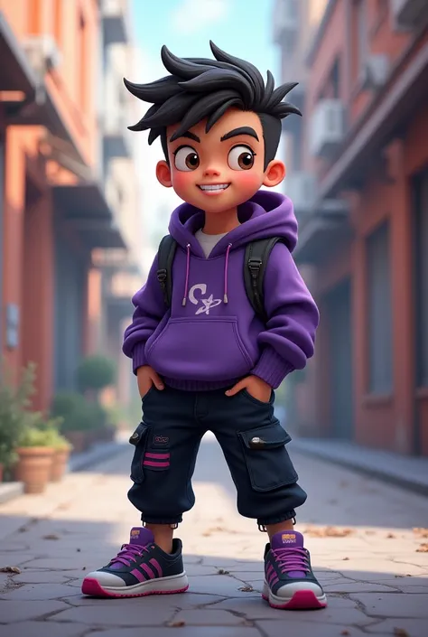  Make a boy as a company mascot, with streetweer-style clothing in purple and black 