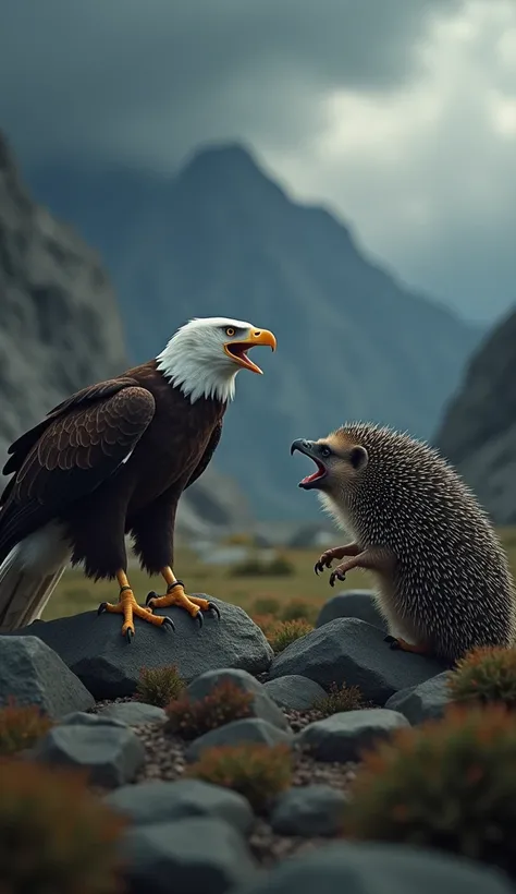 Create an image where an eagle and a hedgehog are placed together, both in an angry mode, facing each other. The eagle should be perched low, wings slightly spread, with its sharp talons gripping the ground and its beak open in a fierce screech, eyes glari...