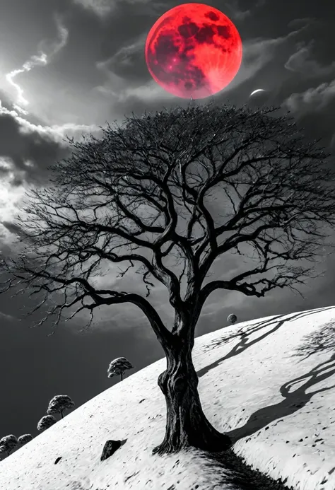 surreal theme, anime style, white fleecy hill, sprawling black and white tree, red neon moon in white and gray sky, max details,...