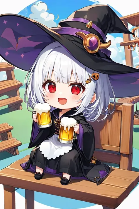 ( highest resolution , clear_image), Best Quality, masterpiece, very detailed on playground equipment, illumination, anatomically correct、The number of fingers I can see is 4 、 chibi character , Im holding a beer mug filled with beer 、 Im drinking beer、 Im...