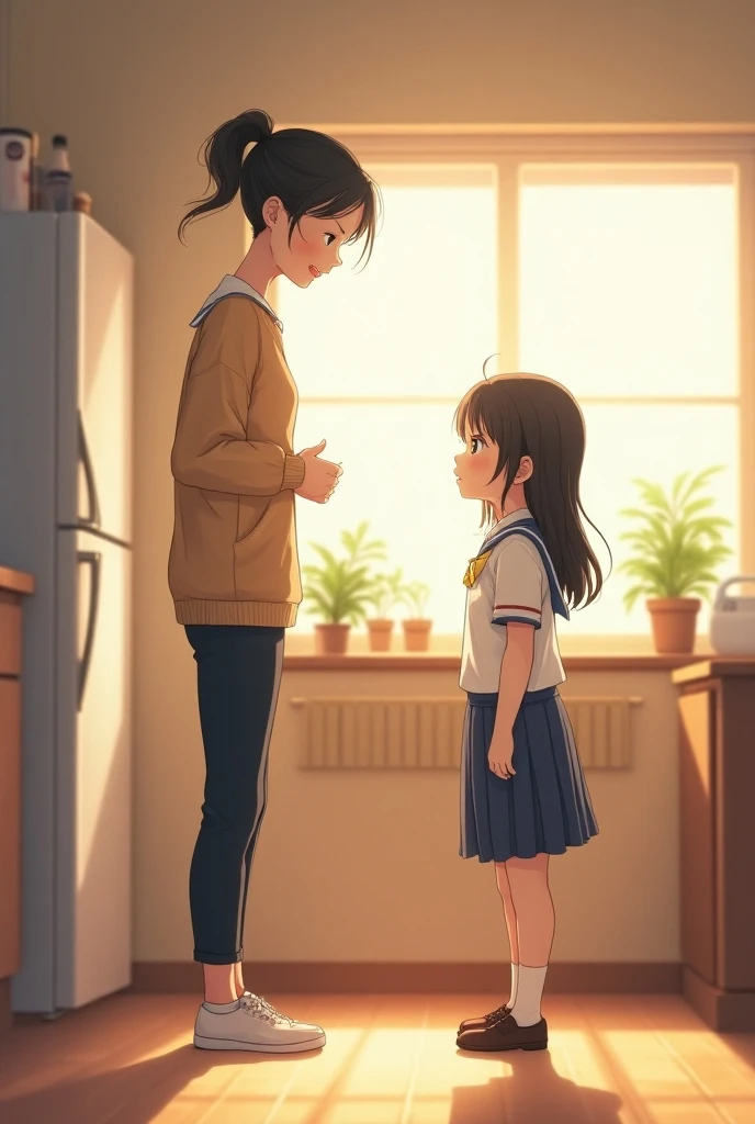  A girl saying goodbye to her mother from the kitchen.  The girl is wearing her school uniform , With a smile.  Her mother is wearing her casual clothes from home . That they show expressions. Do it anime style 