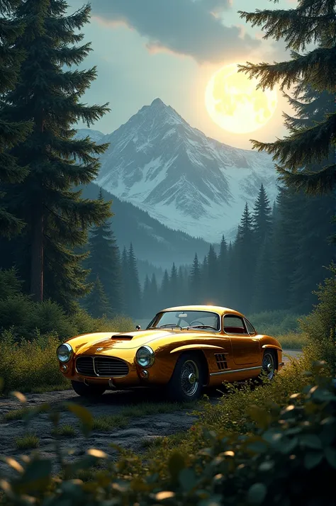 Golden car in the forest with mountains in moonlight 