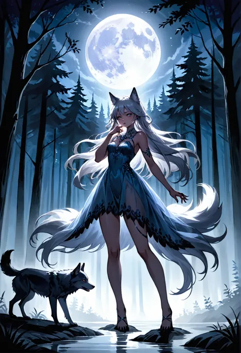 A beautiful woman in an ethereal dress, standing under the full moon in a dark, eerie forest. Her expression shifts between pain and exhilaration as her body morphs: her hands elongate into clawed, furry paws, and her face begins to stretch into a wolf’s s...