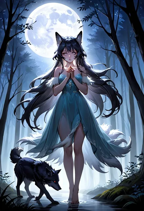 A beautiful woman in an ethereal dress, standing under the full moon in a dark, eerie forest. Her expression shifts between pain and exhilaration as her body morphs: her hands elongate into clawed, furry paws, and her face begins to stretch into a wolf’s s...