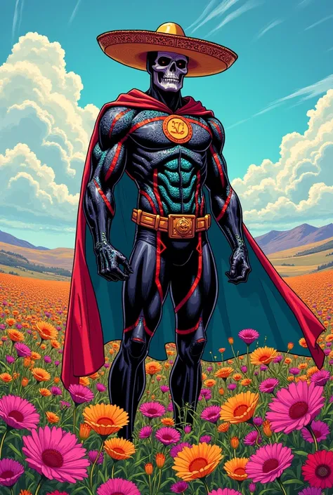  In modern comic serious style , the whole look, stojąc na polu kwiatowym, superbohater El Espectro de Obsidiana, jest wysoki, slender but muscular ,  His skin a shade of dark obsidian ,  he has a colorful suit in the style of Dia de los morts , Na jego gł...