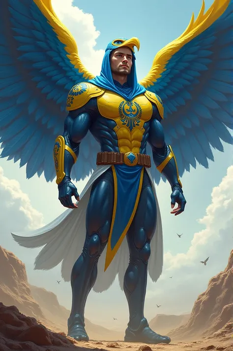 Kazakhstan - A powerful eagle-inspired super-soldier adorned in blue and yellow, with wings and a strong gaze, stands tall in the vast steppes, representing freedom and vigilance.