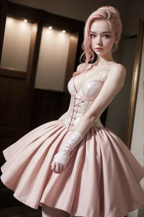   26 year old woman with pale skin and pink corset, With gloves on my hands, ballet dancer, with a skirt 