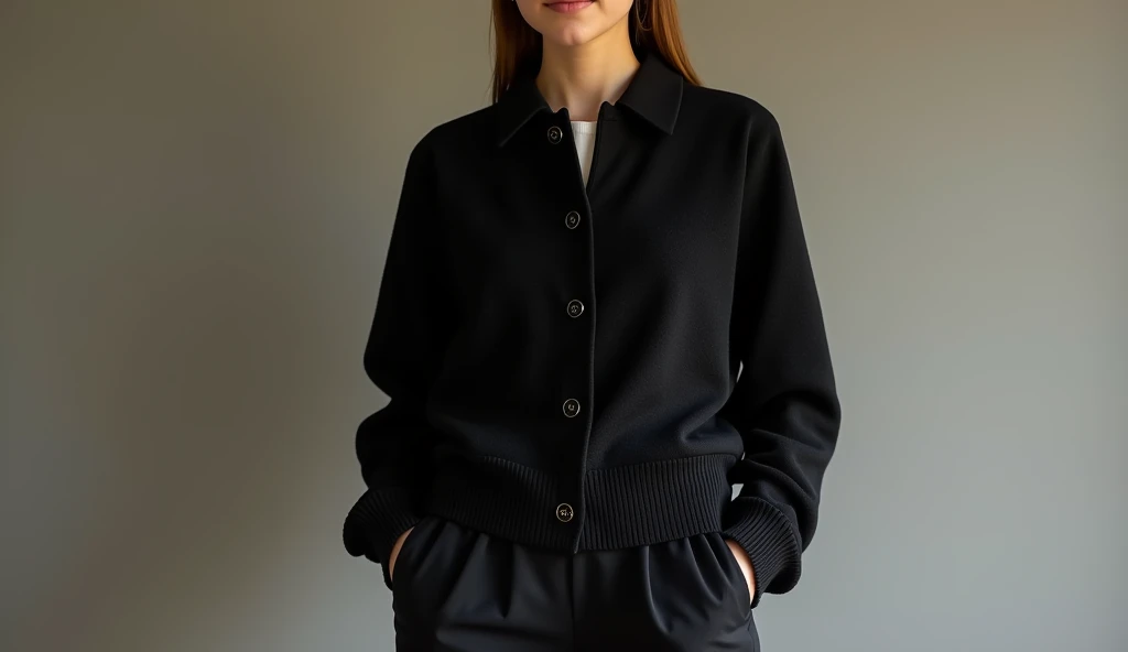 Chanel style cardigan with small buttons.

Straight, black cardigan with small neat buttons. On the woman standing in a fashionable autumn look, the cardigan is combined with straight trousers. The cardigan has a minimalist design without unnecessary decor...