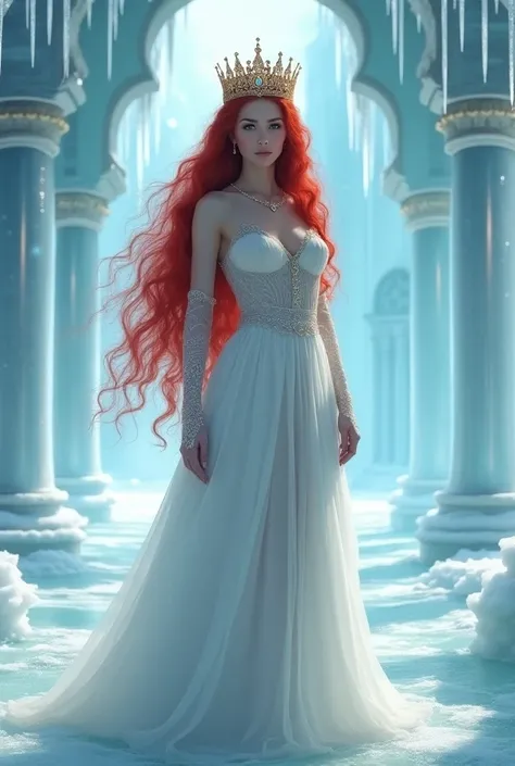 An unclothed empress with red hair with a crown over her head in her ice palace