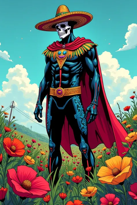  In modern comic serious style , the whole look, stojąc na polu kwiatowym, superbohater El Espectro de Obsidiana, jest wysoki, slender but muscular ,  His skin a shade of dark obsidian ,  he has a colorful suit in the style of Dia de los morts , Na jego gł...