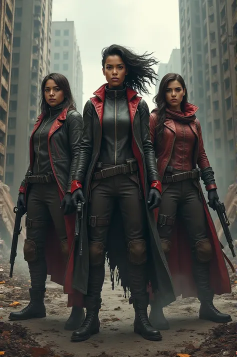 
"Three strong women, from different ethnicities, united by a cause in a dystopian backdrop of a ravaged city. Clara with a determined expression, Raika with a fierce gaze, and Scarlett with a confident stance, all dressed for war and standing amidst ruins...