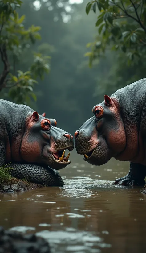 "Create an image where a snake and a hippo are placed together, both in an angry mode, facing each other. The snake should be coiled tightly, its head raised and hood flared (if it’s a cobra), with fangs exposed and eyes locked onto the hippo in a deadly s...