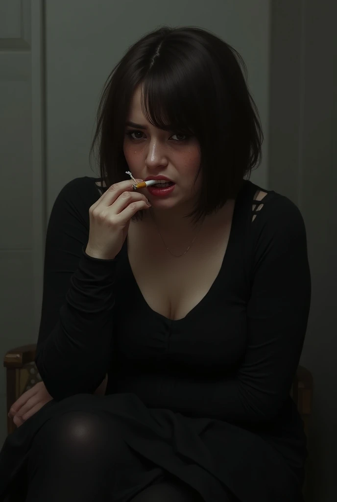 A slightly overweight  , white with dark brown hair short in black dress sitting, with cigarette in mouth,  crying