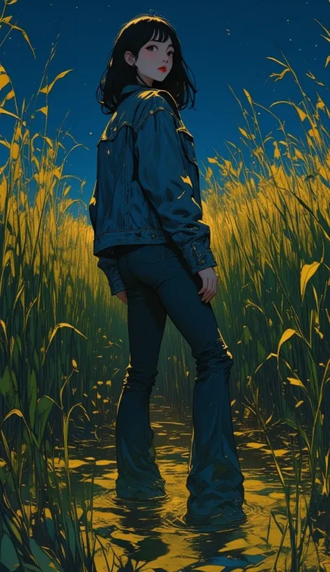 woman, sexy denim jacket and skinny flared levis muddy jeans ,drowning in mud bog, green brown reeds, duckweed, night, stars sky, red lips, looks back, bang-cut, close-up, side view, surreal, 