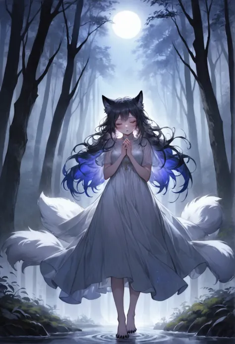 A beautiful woman in an ethereal dress, standing under the full moon in a dark, eerie forest. Her expression shifts between pain and exhilaration as her body morphs: her hands elongate into clawed, furry paws, and her face begins to stretch into a wolf’s s...