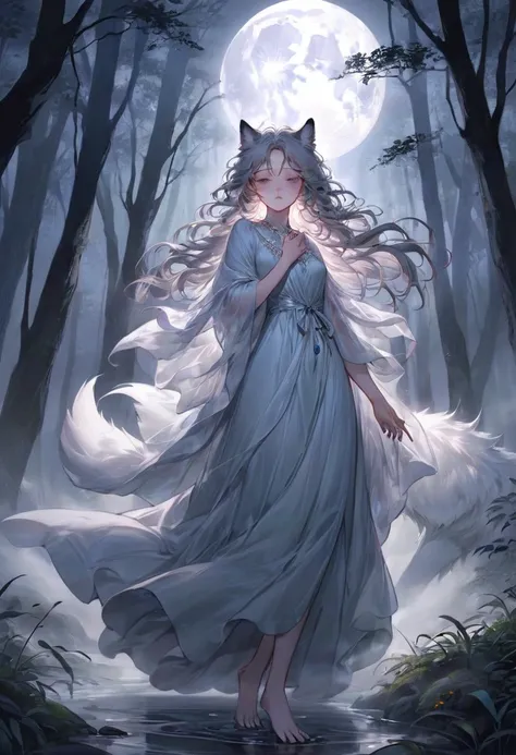 A beautiful woman in an ethereal dress, standing under the full moon in a dark, eerie forest. Her expression shifts between pain and exhilaration as her body morphs: her hands elongate into clawed, furry paws, and her face begins to stretch into a wolf’s s...