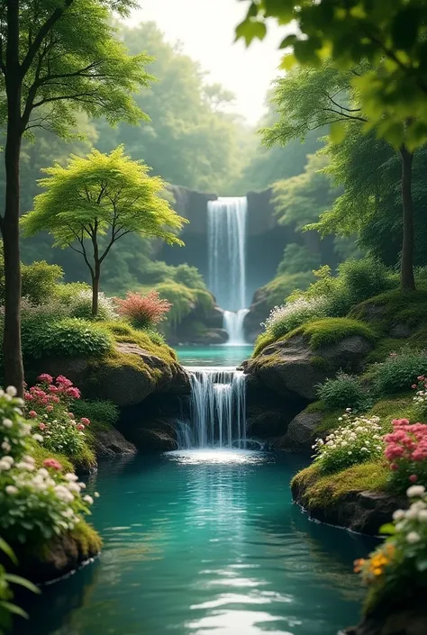 there is a small waterfall in the middle of a garden, a matte painting inspired by Evgeny Lushpin, polycount contest winner, magic realism, waterfall backdrop, magic realism matte painting, photorealistic landscape, beautiful mattepainting, organic matte p...