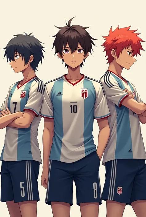 Photo of three men from Costa anime version one with black hair wearing soccer jersey number 7 another with dark brown hair wearing a soccer blouse with number 10 and a red-haired boy wearing soccer jersey number 8