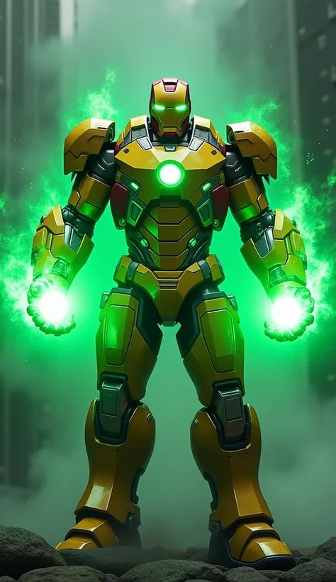 Iron Man in Hulk Buster green and yellow shedding green light through his hands 