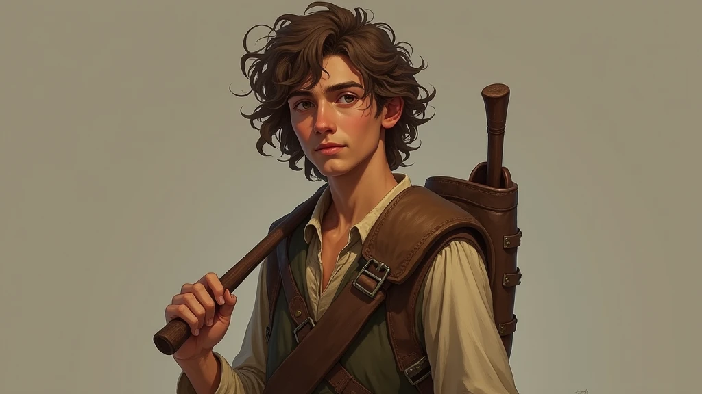 Davi:  approximately 17-year-old shepherd , simple in appearance,  with wavy brown hair and an expression of trust and faith. He wears rustic shepherd clothing ,  with a leather bag and a sling in his hand .  His posture must show courage and determination...