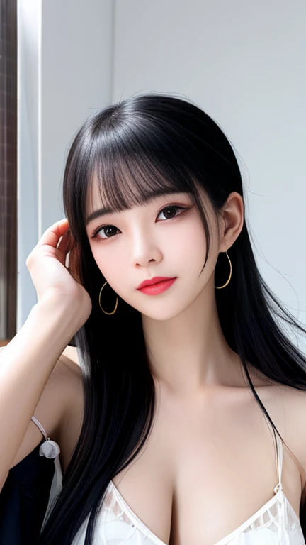 (a portrait with sharp focus and crisp quality, highlighting the subjects facial features, 8k), (from front, upper body, look at viewer), ((Knee-to-head photo 1 .4))、Age 30、Japanese housewife、 slender、 An attractive woman with long hair ,  black hair and b...