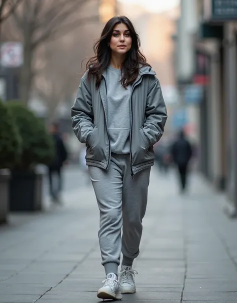 Super real photo, woman (44 year old), ( long dark hair ), (moderately curvy figure), ( refrigerator of short stature), thoughtful look away ,  A woman in a grey jacket and white sneakers is walking down the street, Inspire,  casual streetwear ,  in a swea...