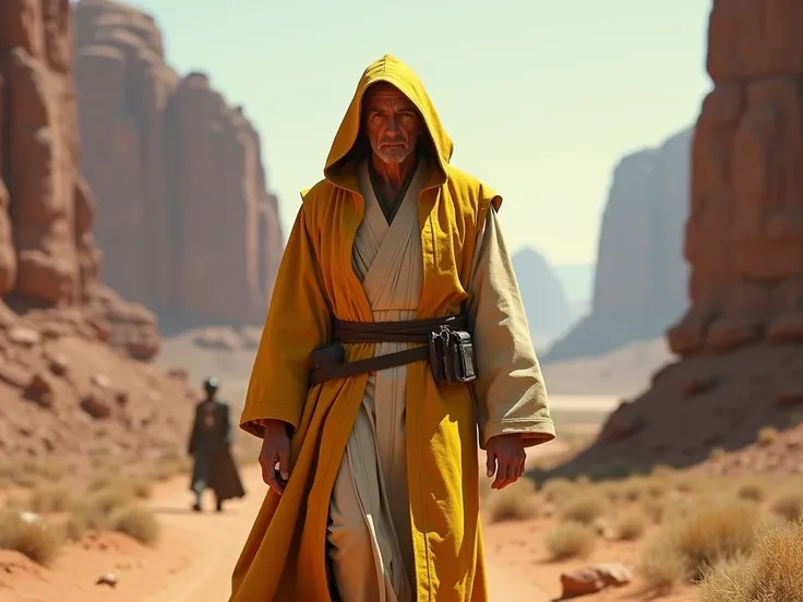 A jedi master with a yellow old hood walking in a star wars landscape. 